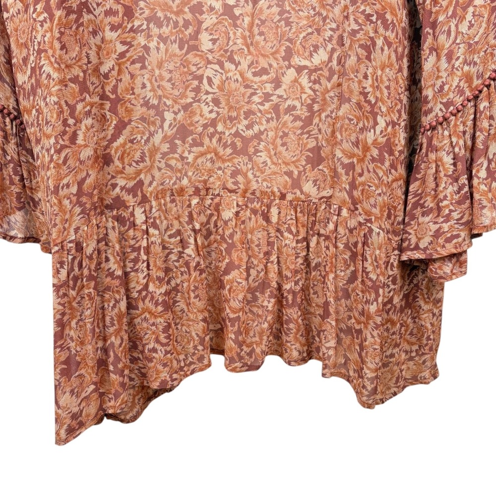 Chan Luu Boho‎ Floral Open Front Kimono Cardigan Ruffle Hem Brown Rust Sz Large - Picture 7 of 12